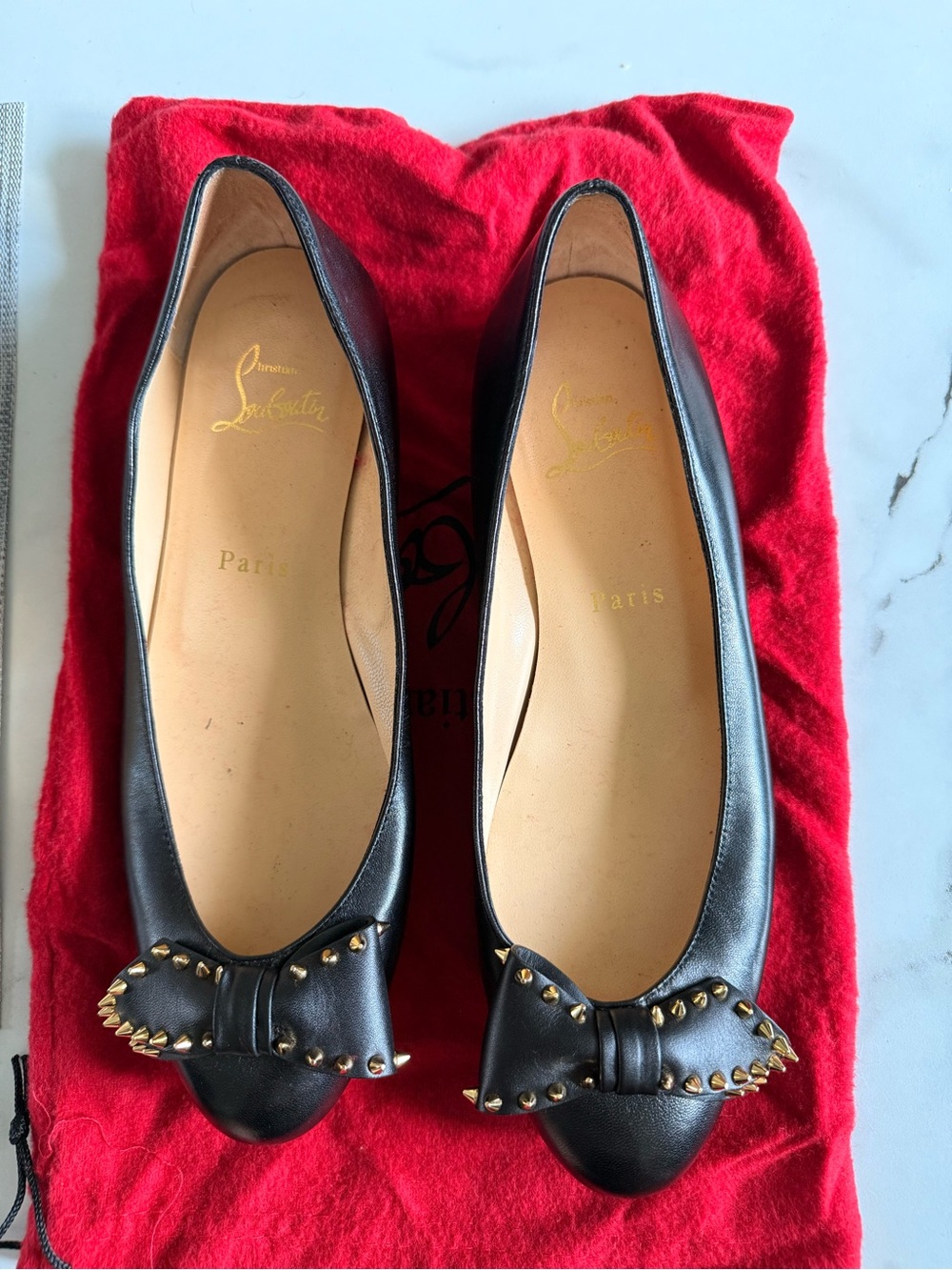 Christian Louboutin Black Leather Studded Bow Ballet Flats